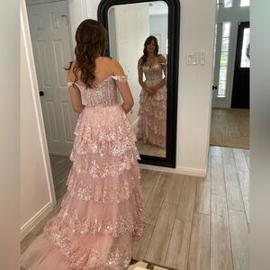 Sherri Hill Blush Pink Lace Off-Shoulder A-Line Tulle Sequin Prom Gown